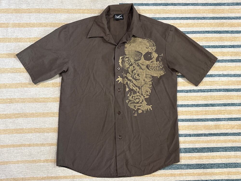 VTG Y2K Rock Steady Shirt Size XS Skull rose Brown Short Sleeve Button Up USA
